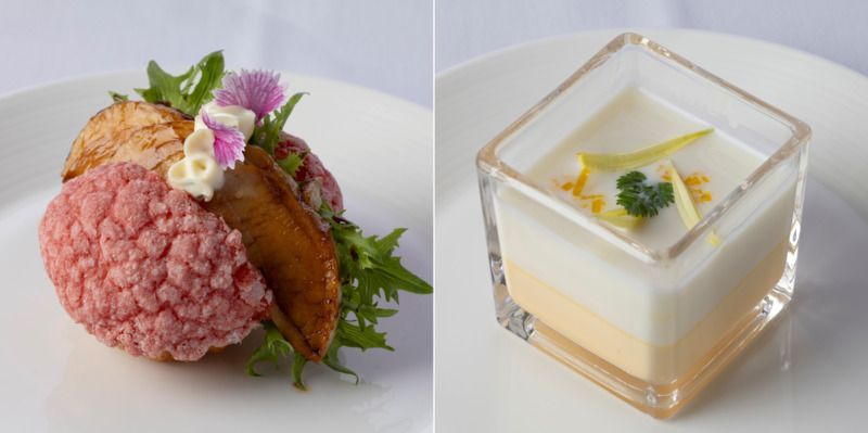 左・可憐な桜色の「クッキーパンの炙り焼きチキンサンド」。右・筍の心地よい歯ごたえが楽しい「筍のフランと白アスパラガスの冷製スープ」