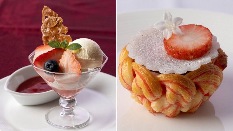 左・ベリーの酸味が甘みを引き立てるスペシャルデザート「苺のサンデー メルバ風」。右・アートワークのように美しい「苺 Daifuku」