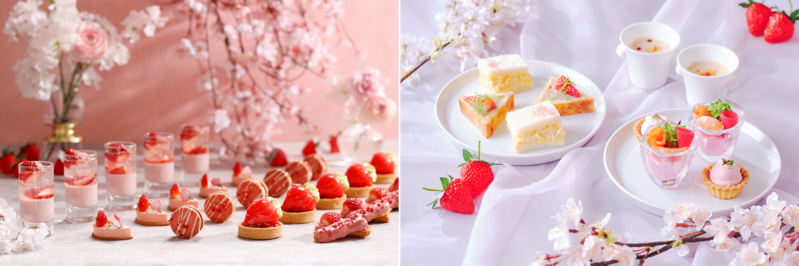 左・桜色のビジュアルがかわいらしいスイーツ。右・淡い色合いに心ときめくセイボリー