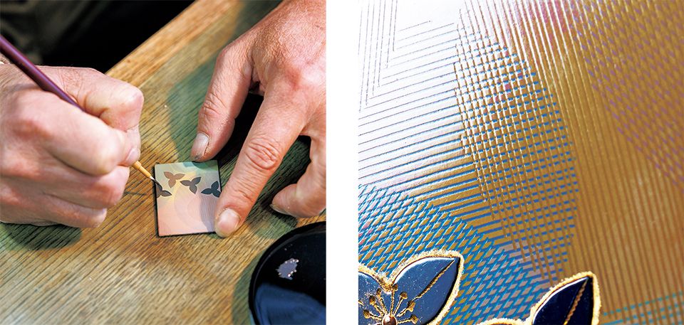 右・縦、横、斜めに線彫りして色漆を埋め、研ぎ出すことで、布目のように繊細で複雑な表情を生み出す「布目彫り」は太田さんの真骨頂。「父が開発した布目彫りを自分流に応用しています」。左「存清」 の工程。極細の筆で花を描く。