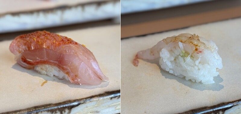 左・厚切りの「金目鯛」は甘みのある脂が広がる。上に削られた柚子で爽やかな余韻に。右・噛むほどに甘みが広がる「ぼたんえび」。上には、安田氏が直接仕入れた、手作業で作られている淡路島「TEN-PI-EN（テンピエン）」の天日塩を。角がなく、ほどよい塩味がえびの甘みを引き立てる。