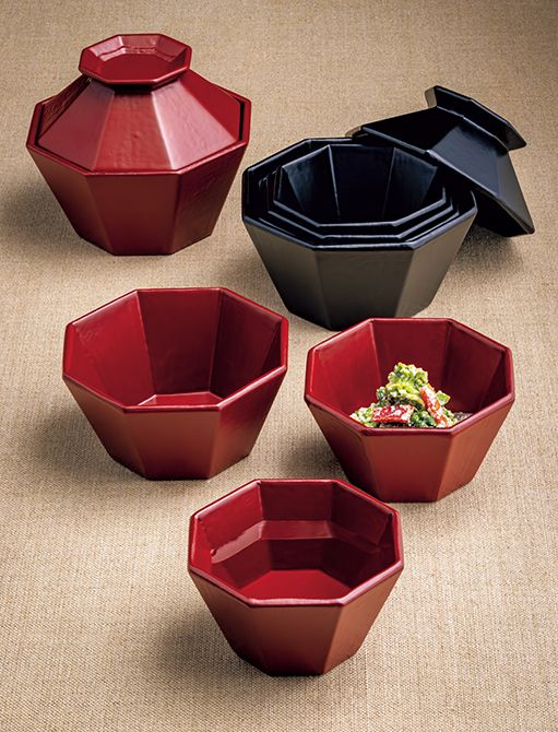 一閑張 八角5個組　小鉢真塗り 黒・赤