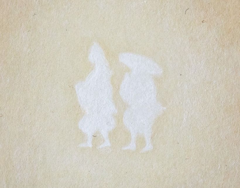 円形の光の中に浮かぶ巡礼者。遠目にはわからないが、騙し絵のように観音菩薩や勢至菩薩などが白いシルエットとして描かれている。