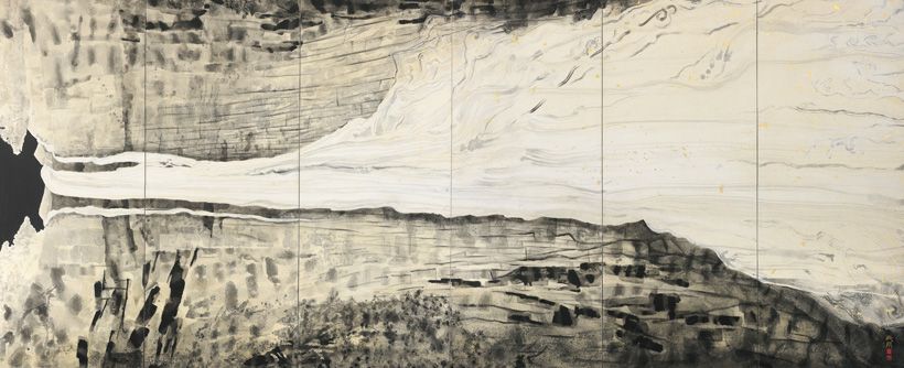 「神の瀧 那智」雲肌麻紙、墨、胡粉、プラチナ箔、金箔、金泥