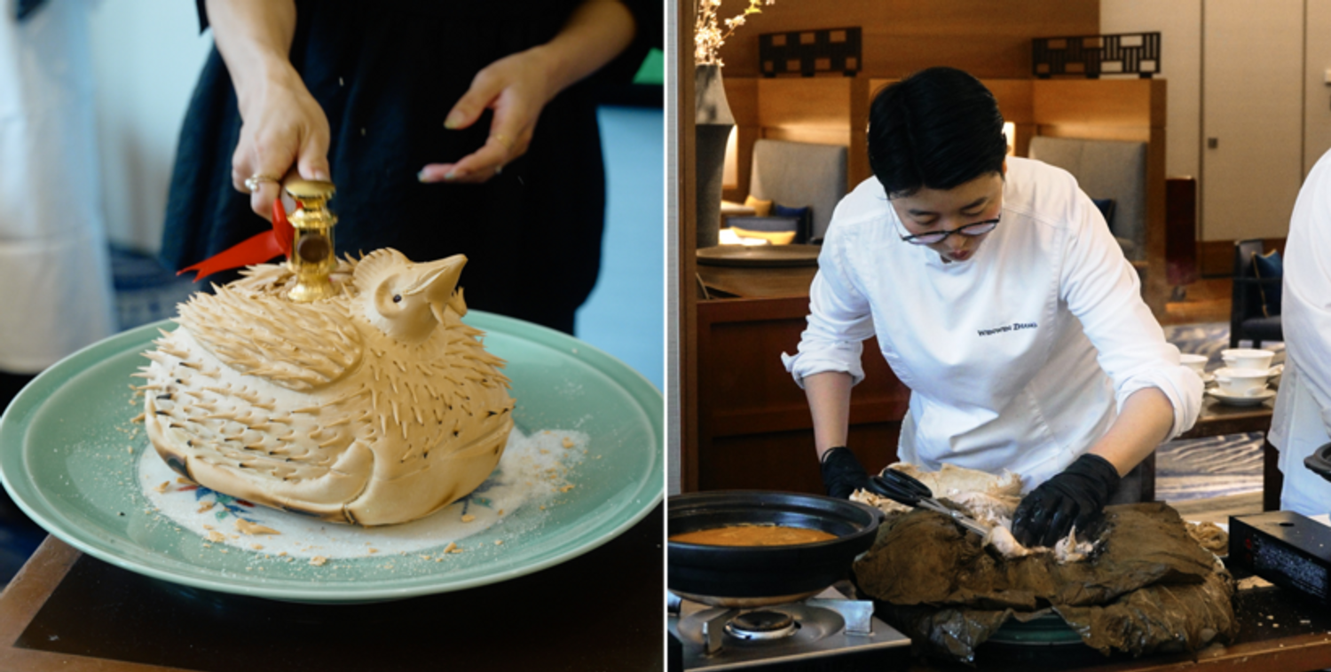 下味をつけた丸鶏の中に鮑を詰めて蓮の葉で包み、まわりをパン生地で包んでオーブンで焼きあげること2時間。愛らしい表情や羽の模様などが精巧に再現されており、崩すのをためらうほどの美しさ。 
