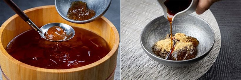 作りたてのわらび餅にお好みのタレをかけて。