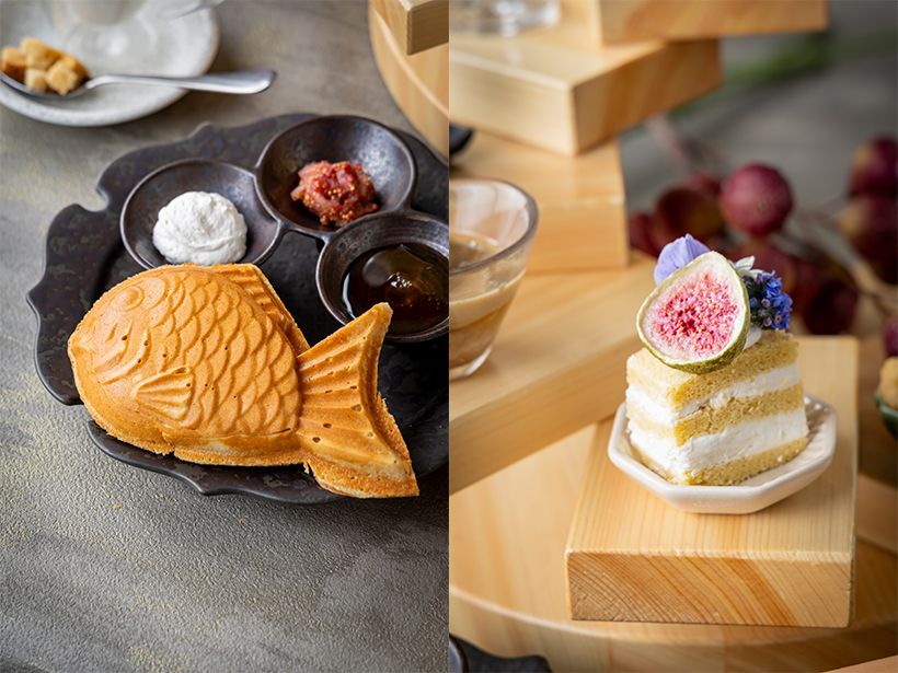 （左）小麦粉を使わず甘酒で甘みづけした「玄米粉のスコーンたい焼き」。銀座で採蜜されたはちみつと豆乳ホイップ、いちじくジャムを添えて。（右）こちらも玄米粉と豆乳クリームを使用し、優しい甘さの「無花果フラワーケーキ」。
