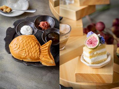 （左）小麦粉を使わず甘酒で甘みづけした「玄米粉のスコーンたい焼き」。銀座で採蜜されたはちみつと豆乳ホイップ、いちじくジャムを添えて。（右）こちらも玄米粉と豆乳クリームを使用し、優しい甘さの「無花果フラワーケーキ」。