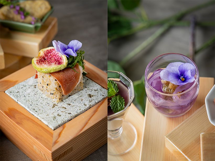 （左）玄米専用品種「金のいぶき」を使用した「無花果と生ハムの押し寿司」。一般的な玄米よりもプチプチとした食感。（右）涼しげな「たたき無花果と葛切り」は、強いコシとさわやかな喉越しを楽しめる。
