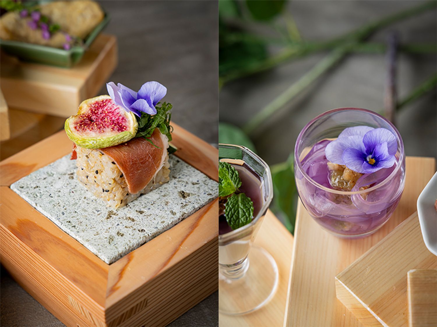 （左）玄米専用品種「金のいぶき」を使用した「無花果と生ハムの押し寿司」。一般的な玄米よりもプチプチとした食感。（右）涼しげな「たたき無花果と葛切り」は、強いコシとさわやかな喉越しを楽しめる。