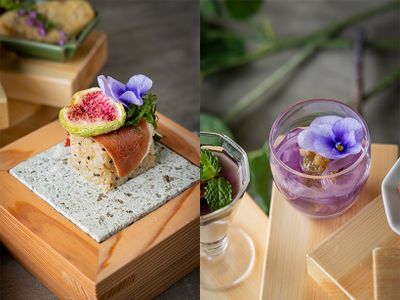 （左）玄米専用品種「金のいぶき」を使用した「無花果と生ハムの押し寿司」。一般的な玄米よりもプチプチとした食感。（右）涼しげな「たたき無花果と葛切り」は、強いコシとさわやかな喉越しを楽しめる。