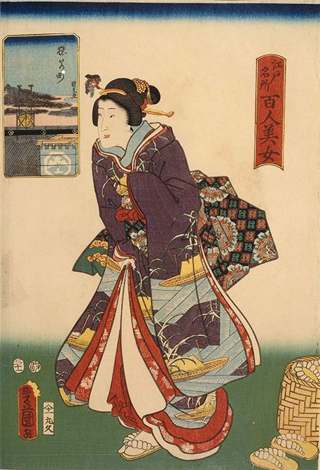 江戸名所百人美女　猿若町　歌川国貞（三代豊国）・歌川国久（二代）／画　安政4年（1857）11月　東京都江戸東京博物館蔵