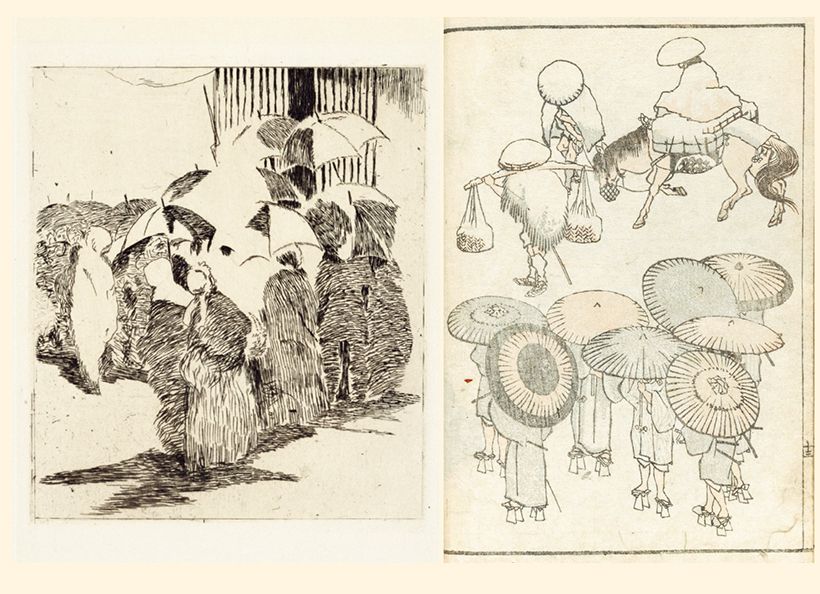 （左）マネ「肉屋での行列」エドゥアール・マネのエッチング作品（1871年）。傘のデザインこそ違うが、北斎の影響が明らかに見て取れる。兵庫県立美術館 蔵・（右）初編十四丁裏