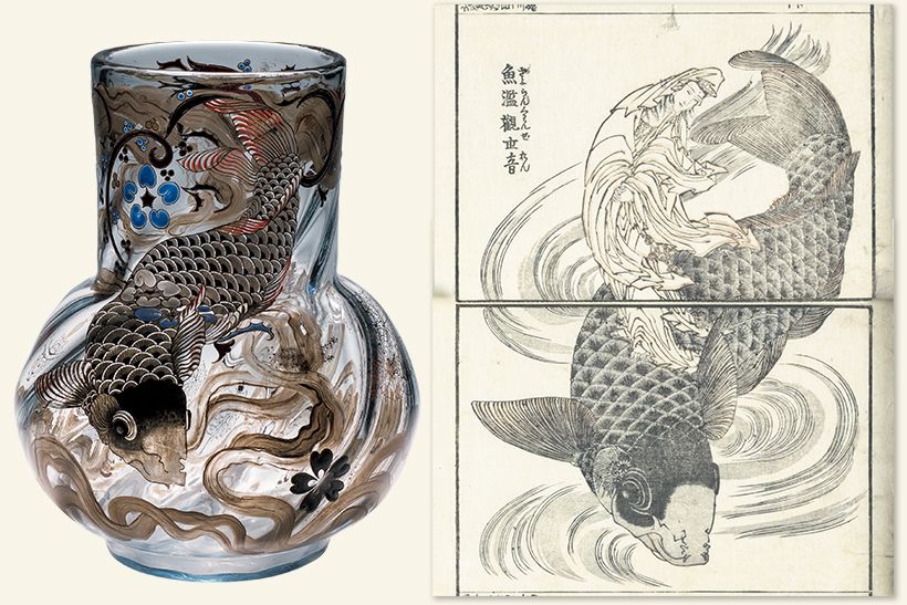(右)十三編十六丁裏十七丁表・(左)ガレ「鯉文花器」アール・ヌーヴォーのガラス工芸家、エミール・ガレが1878年のパリ万博に出品した作品。北斎の鯉を丸写ししているが肝心の観音様は省かれている。 北海道立近代美術館 蔵