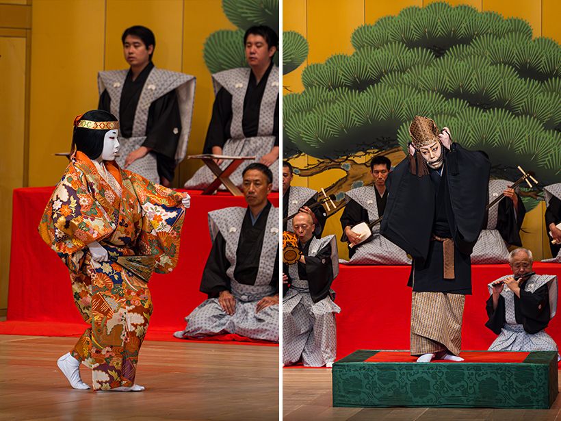 『土蜘』左・侍女胡蝶（尾上菊之助）　右・叡山の僧智籌実は土蜘の精（八代目尾上菊五郎）　2025年7月大阪松竹座　©Naruyasu Nabeshima／KATEIGAHO