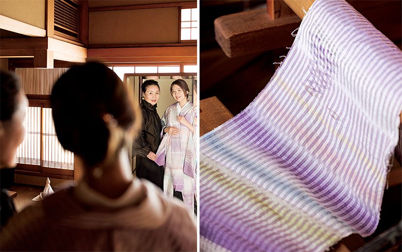 左・見るものの心を瞬時に捉える「しむらのいろ」。 生絹（すずし）ならではのしゃり感に草木染めの色の階調が見事に映えます。　右・2026年2月、織り上がった反物を採寸し、仕立てます。 左ページ・紫をまとった糸は、まるで生きているかのような力強さ。