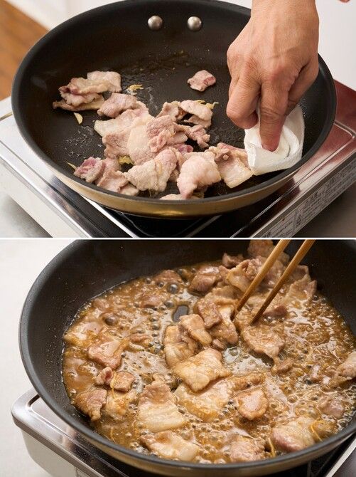 なすとピーマンを入れて少し炒め煮にしたいので、この段階で肉みそは煮詰めず、ひと煮立ちさせたらすぐに火を止める。