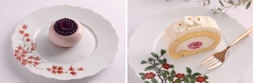左から日本限定の「紅芋と栗のモンブラン」、「加賀棒茶と木苺のロールケーキ」。 