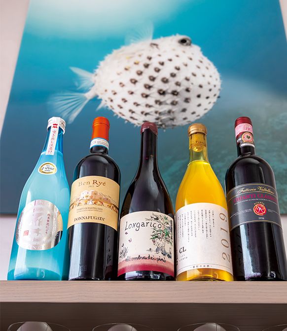 ワインペアリングはワインを中心に地元の日本酒・みかんワインなど幅広く用意されている。