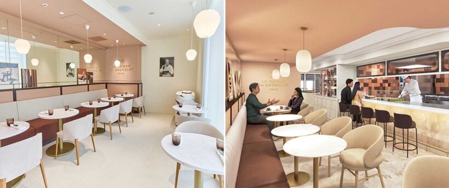 左・「ラ・メゾン・デュ・ショコラ ニュウマン高輪店」の店内。右・「ラ・メゾン・デュ・ショコラ 西武池袋サロン」の店内。いずれも白やニュアンスカラーを基調としたラグジュアリーな空間。