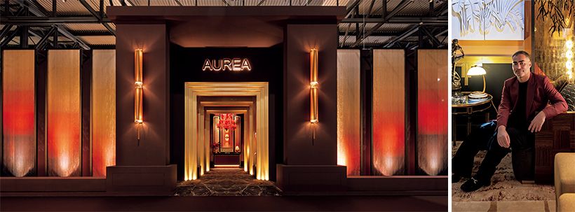 A Luxury Way パビリオン内で展開された『AUREA』は、約600平方メートルもの架空のホテルを舞台にした没⼊型インスタレーション。インテリアデザイナーのオスカー・ルシアン・オノ⽒(右)率いるパリのインテリア・アートディレクションスタジオ「Maison Numéro 20」による空間構成。