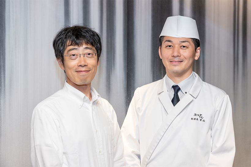 左から、日本ワインの解説を担当したサントリー所属、ソムリエ・エクセレンスの柳原 亮氏と、日本料理「木の花」料理長の宮山裕伴氏。