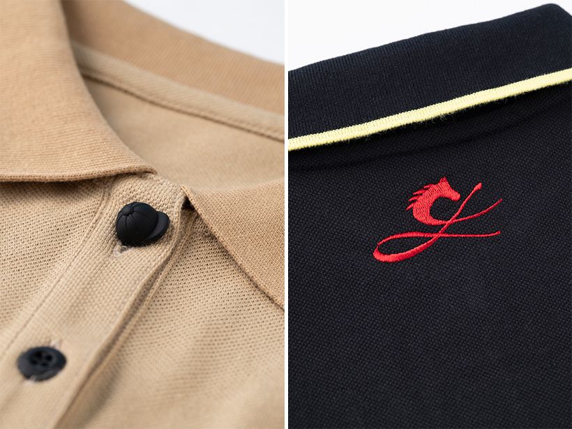「CLASSIC L」「ALEGRIA」ともに一番上のボタンは、可愛らしいキャップ（帽子）型に。「CLASSIC L」には胸もとに、「ALEGRIA」は背中の上部に、ブランドロゴの刺繍入り。