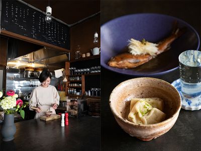 左／店主の石原さん。右／笹一酒造「旦」とペアリングした「高野豆腐と青柚子（手前）」「鮎の甘露煮（奥）」。お米の持つしっかりとした「旦」の味わいが、青柚子の爽やかな香り、冷たい出汁と調和する。