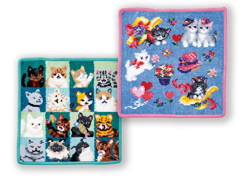 右から・「モンプティシャ ハンカチ」(縦25×横25センチ)2970円 「ルック!マイキャット ハンカチ」(縦25×横25センチ)2970円/ともにフェイラー