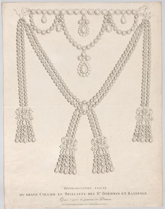 「首飾り事件」のネックレスを描いた版画。1780年代にニコラ・アントワーヌ・タウネーが刊行。メトロポリタンミュージアム所蔵　©The Met, NY　※本展の展示作品ではありません