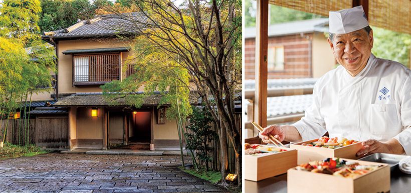 右・日本料理界を牽引する一人である、「菊乃井」3代目主 人の村田吉弘さん。 左・大正元年、京都・東山に料理屋として 創業した日本屈指の料亭「菊乃井」。