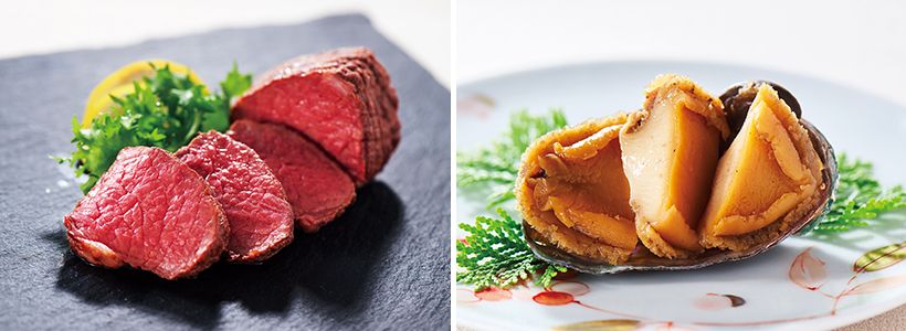 右・壱の重「鮑旨煮」大粒の活きた鮑を丁寧に下処理し、やわらかく炊き上げました。一口サイズにカットされています。左・弐の重「十勝ハーブ牛 ローストビーフ」北海道十勝地方で、ハーブを配合した飼料で育てたハーブ牛を使用。しっとりジューシーな味わいです。
