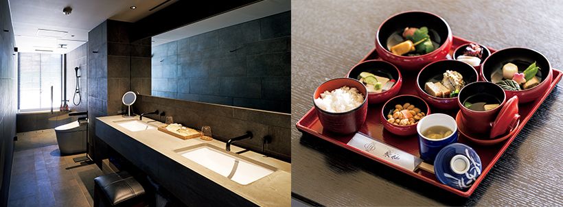 右・「泉仙」の季節の精進朝食やホットサンドからチョイスしてオーダーできる朝食付きプランもあり。鴨川や東山の風景を見晴らせる屋上で朝食をいただくのもおすすめ。左・落ち着いたトーンのサニタリールームは窓際にバスタブを備える。