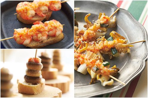 串に刺して楽しむ「ピンチョス」レシピ　つぶ貝とズッキーニ、ヒルダ、海老の串焼きドノスティア風、マッシュルームのプランチャ