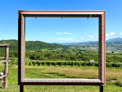 NIKI Hills Winery展望台からの眺め。肉眼で見ても美しい風景が、額縁を通した瞬間に1枚の絵画になる。