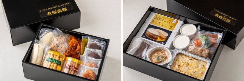 右・「家庭画報×松屋銀座 銀ぶらコース仕立てセット」(2名分) 3万9960円。左・ 「家庭画報×松屋銀座 銀ぶらアペロセット」(1~2名分) 2万4840円 。