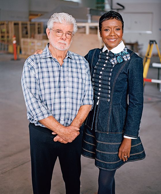 Founders George Lucas and Mellody Hobson in the lobby of the Lucas Museum of Narrative Art,2025, photograph by Deanna and Ed Templeton.