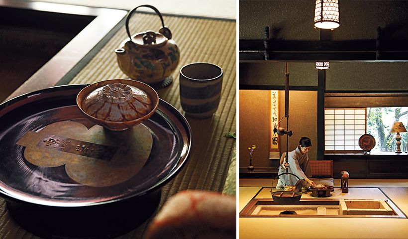 右・魯山人作品でしつらえた、築400年ほどの古民家を昭和初期に滋賀県から移築した「田舎家」。左・箔絵瓢簞図高膳、志野菊摘蓋向付など。多彩な所蔵作品の一部を普段はロビーに展示している。
