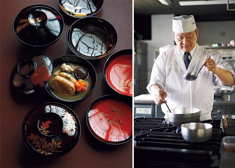 右・加賀料理の代表格「治部煮」。鴨肉に金時草やすだれ麩を合わせてとろみをつけ、わさびを添える。専用の「治部椀」は盛りつけが映える広口で浅い作り。塗り直しながら受け継ぐ蒔絵の漆椀が、その美しさをいっそう引き立てる。左・治部煮のとろみづけをする総料理長の川村さん。小麦粉を水で溶いて一晩ねかせたものを使うと、火を通したときにダマにならず、なめらかな口当たりに。舟木伝内が残した献立帖の技が今も実践されている。