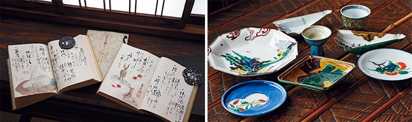 右・創業以来、大切に収集されてきた九谷焼など、県内ゆかりの器。季節や料理に合わせて使い分ける。左・歴代料理長が残した手書きの献立帖。料理にとどまらず書や絵にも通じた教養の高さが光る。昭和40年頃のもので、前田家が芸事を尊ぶ料理人の感性を育み、文化の土壌が今日まで受け継がれていることを物語る。