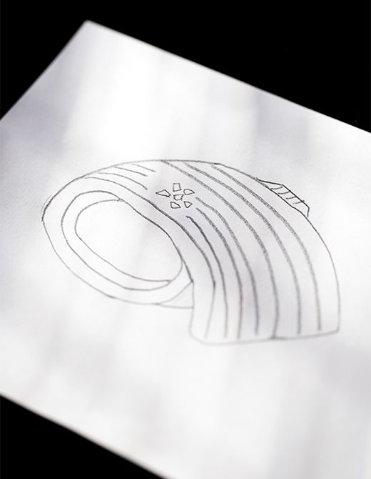 若宗匠による「玩月」のデザイン画。菓銘は禅の公案「馬祖玩月」にちなむ。