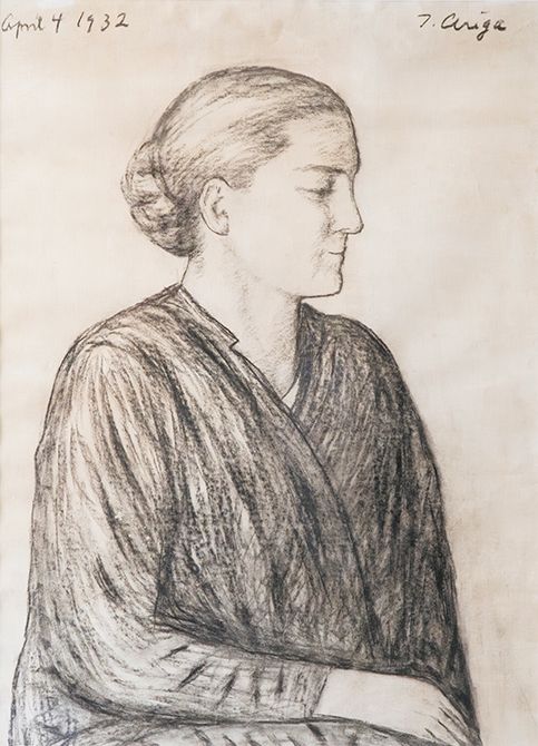 《三浦アンナの肖像》（当時37歳）。1932年に神学者の有賀鐵太郎が描いたデッサン。有賀はその後、同志社大学神学部の初代学部長、京都大学文学部キリスト教学研究室教授、文学部長も務めた。当時の二人の交流がうかがえる素描。