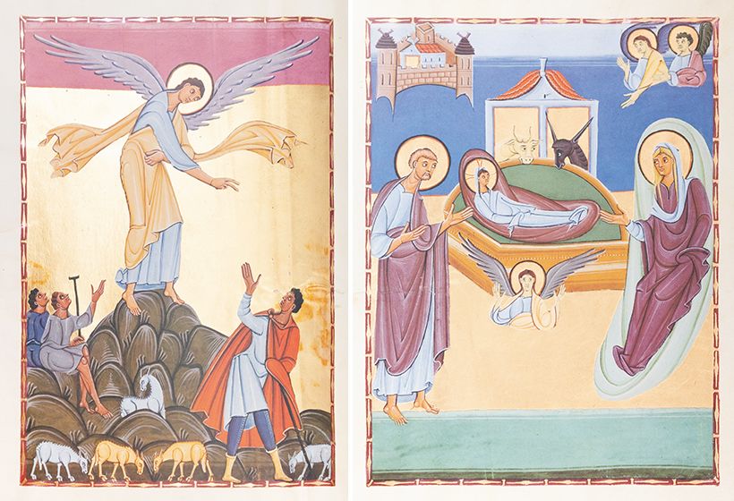 その挿絵ページ。この原作は1007～1014年頃、神聖ローマ皇帝ハインリヒ2世が典礼儀式に用いるため、ドイツのライヒェナウ島修道院で制作された豪華写本。オットー朝美術の最高傑作とされる。下の挿絵の左側「羊飼いへのお告げ」、右側「キリストの降誕」では、まばゆい金箔を背景として、大きな人物像の洗練された身振りと色彩が印象的である。バイエルン州立図書館蔵（Clm.4452,fol.8v.-9r）。