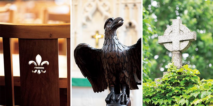 立教大学池袋キャンパス内の場景。右・チャペルの屋根に設置されたケルト十字架の石彫。立教大学がイギリス国教会の伝統に属することを示す。中・チャペル内の鷲の姿をした聖書台。マンチェスター大聖堂の旧蔵品だが、1953年のエリザベス女王戴冠式に際し、招待された小川徳治教授がマンチェスター主教より寄贈された英国製。左・第一食堂の椅子の背もたれを飾るユリの花の紋章。キリスト教文化において純潔の象徴とされるユリのマークは、立教大学ではセカンダリー・シンボルとしてさまざまなグッズに用いられ、学生たちに親しまれている。