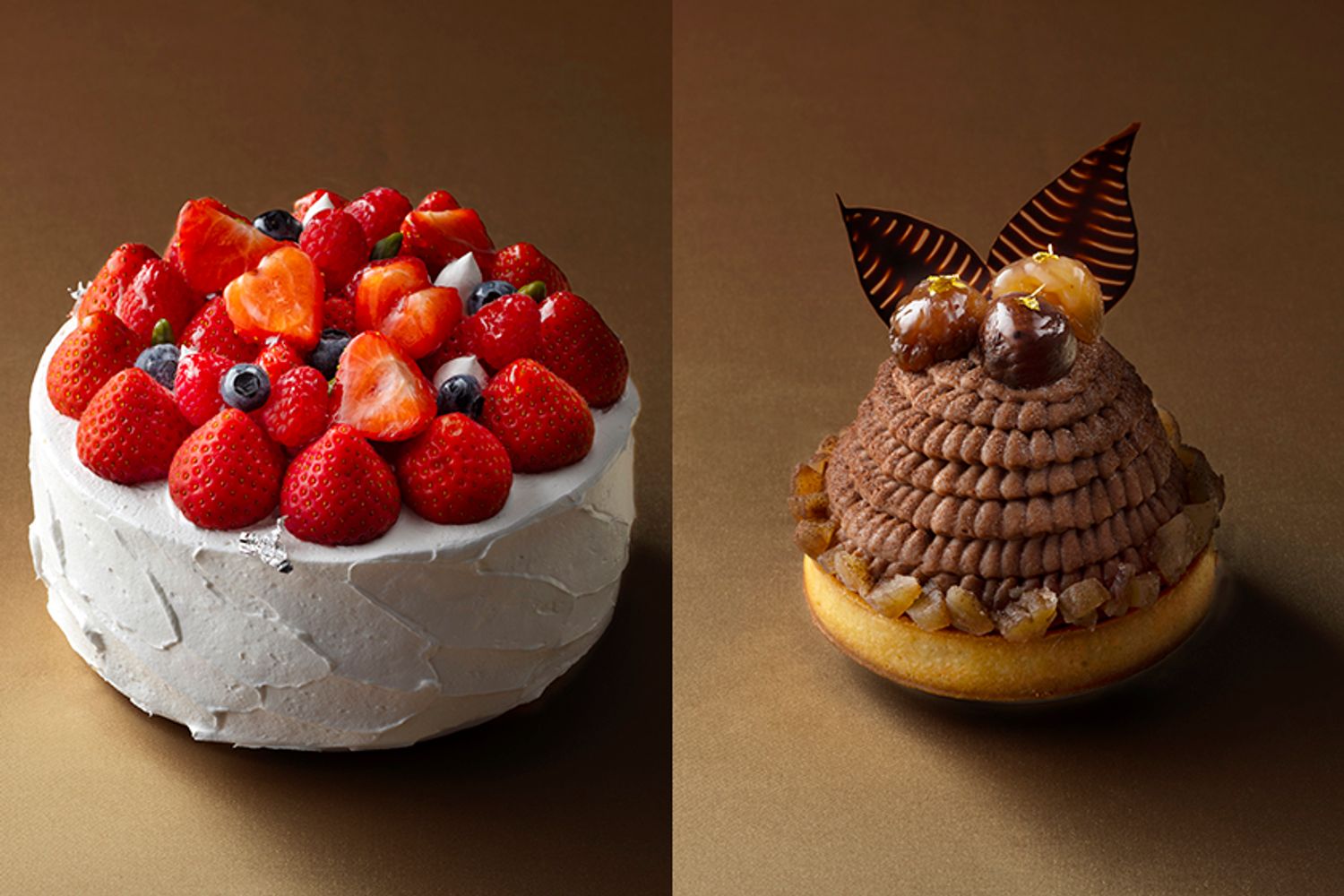 東京ステーションホテルの2026年のクリスマスケーキ。左「クリスマス ショートケーキ」、右「モンブランショコラ」。