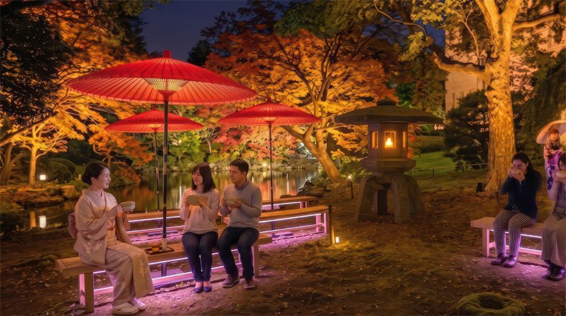 池のほとりに開設される野点茶屋では、温かい抹茶や抹茶ラテを味わいながら、夜の紅葉狩りを。