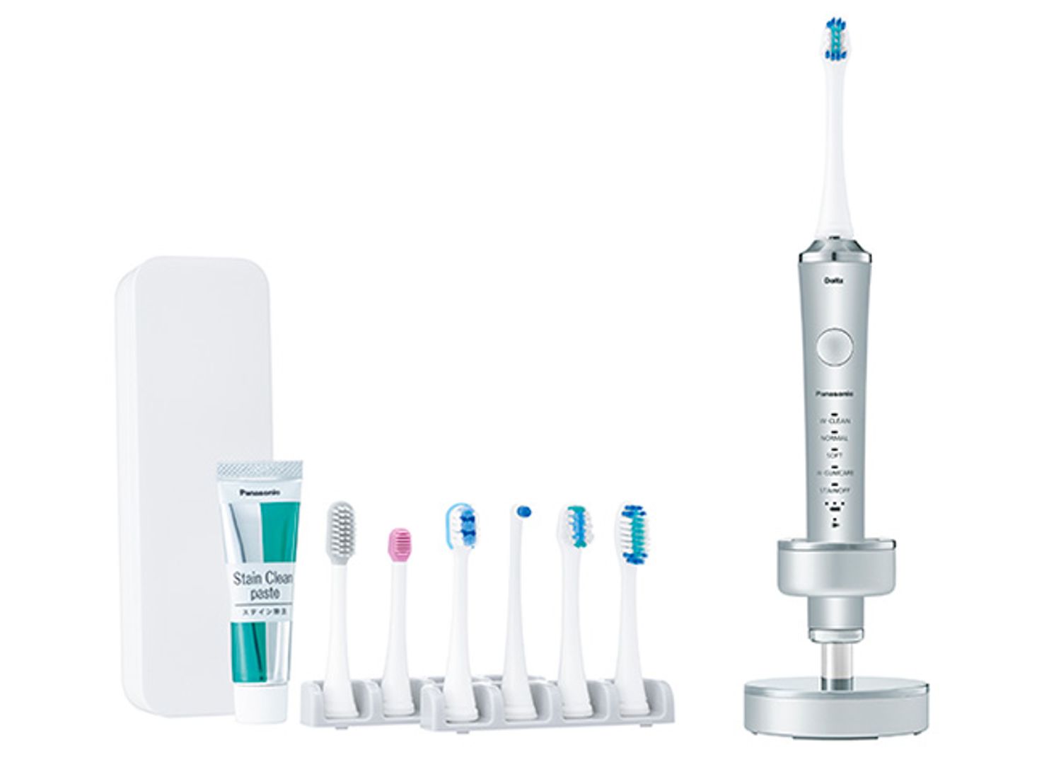 ヨコ振動とタタキ振動のＷ音波振動で、歯垢と歯周ポケットの汚れを除去。極細毛ブラシ、ポイント磨きブラシ、ステインオフブラシなど、目的・部位別の付属ブラシが多彩に揃う。音波振動ハブラシ ドルツ EW-DP53 3万2000円（編集部調べ）／パナソニック