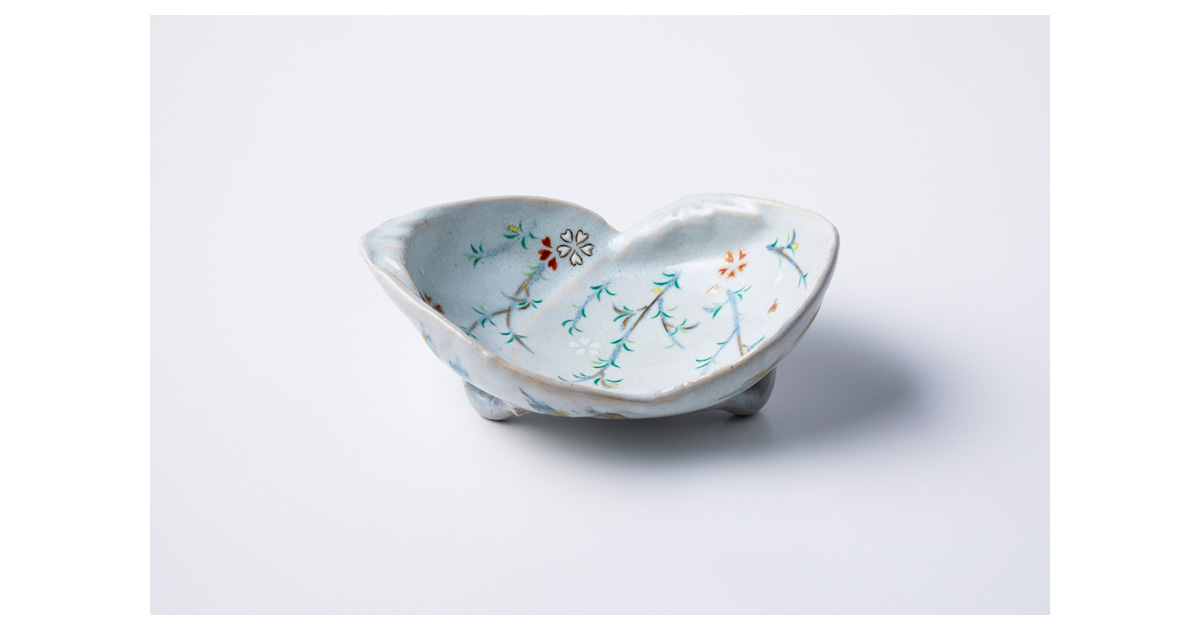 ワラ灰釉 柳桜の絵蛤型向付 当代香齋 作