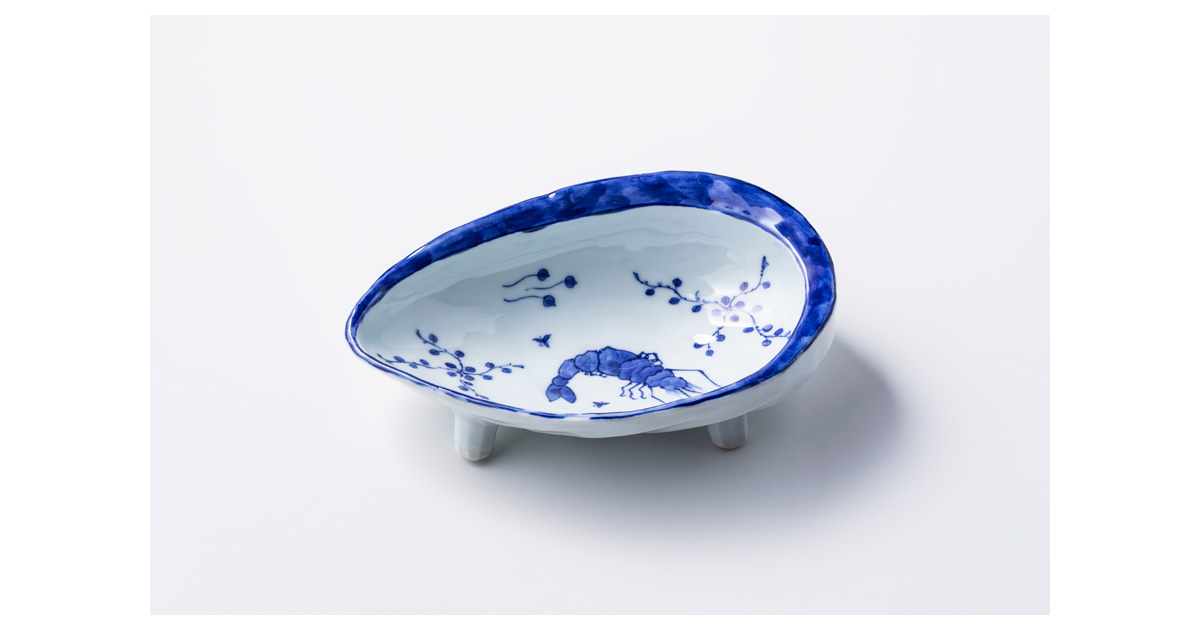 染付 海老の絵鮑型向付 当代香齋 作